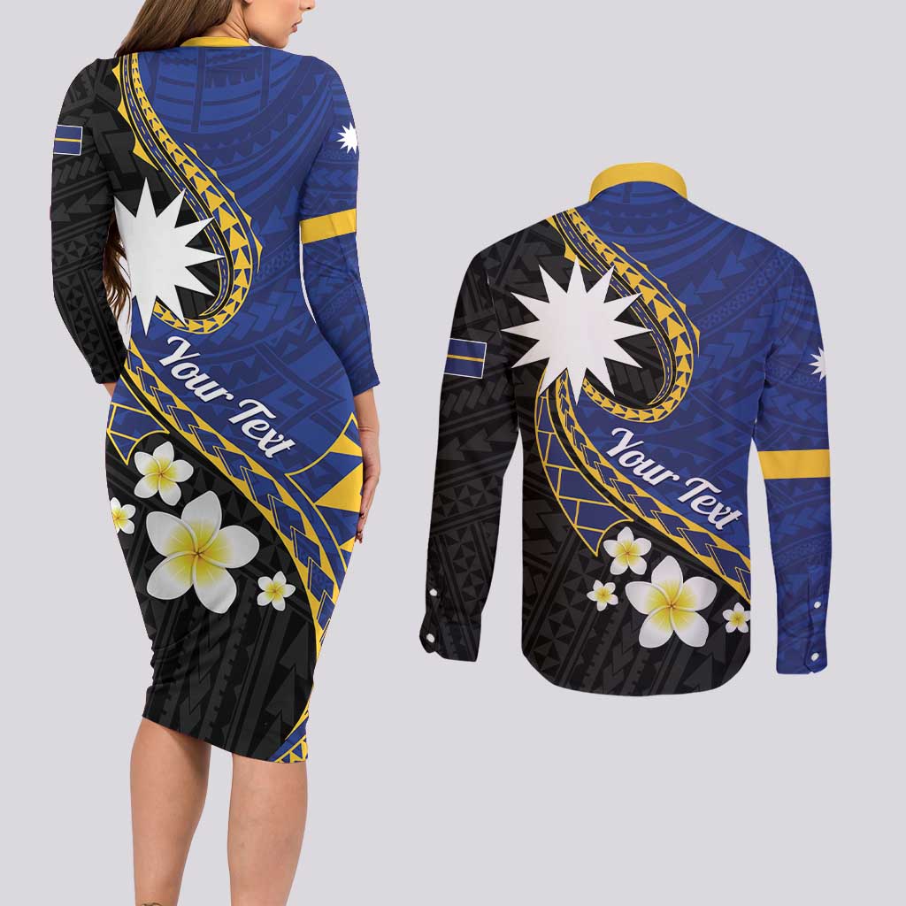 Personalised Nauru Couples Matching Long Sleeve Bodycon Dress and Long Sleeve Button Shirt Naoero Proud Plumeria LT01 - Polynesian Pride