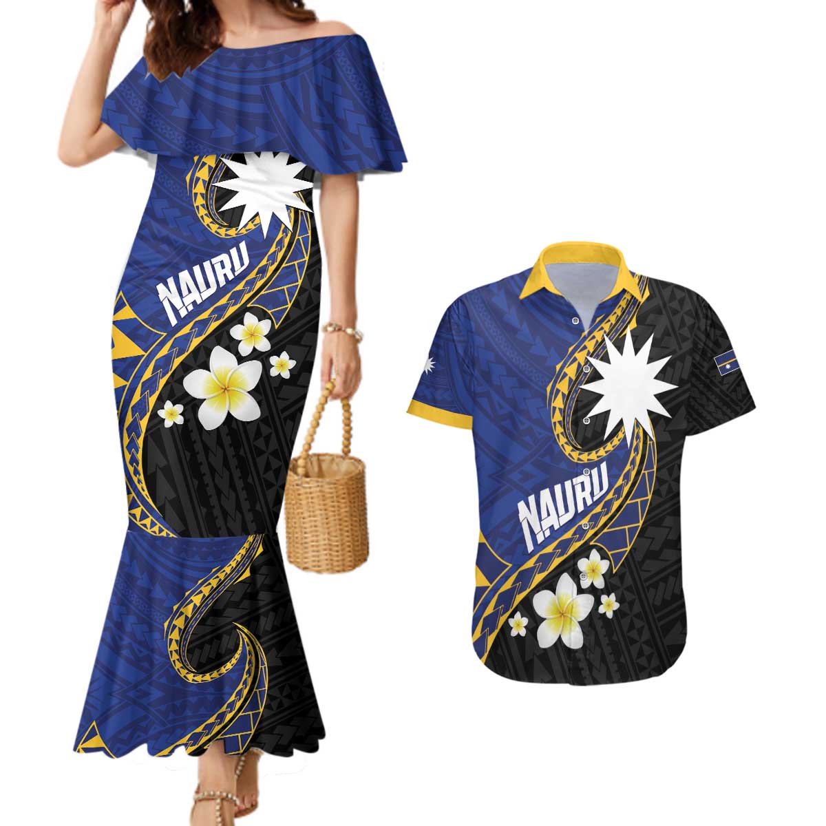Personalised Nauru Couples Matching Mermaid Dress and Hawaiian Shirt Naoero Proud Plumeria LT01 Blue - Polynesian Pride