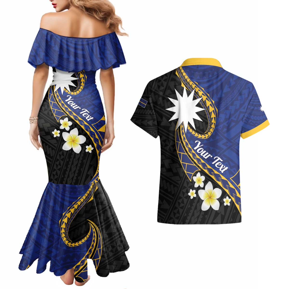 Personalised Nauru Couples Matching Mermaid Dress and Hawaiian Shirt Naoero Proud Plumeria LT01 - Polynesian Pride