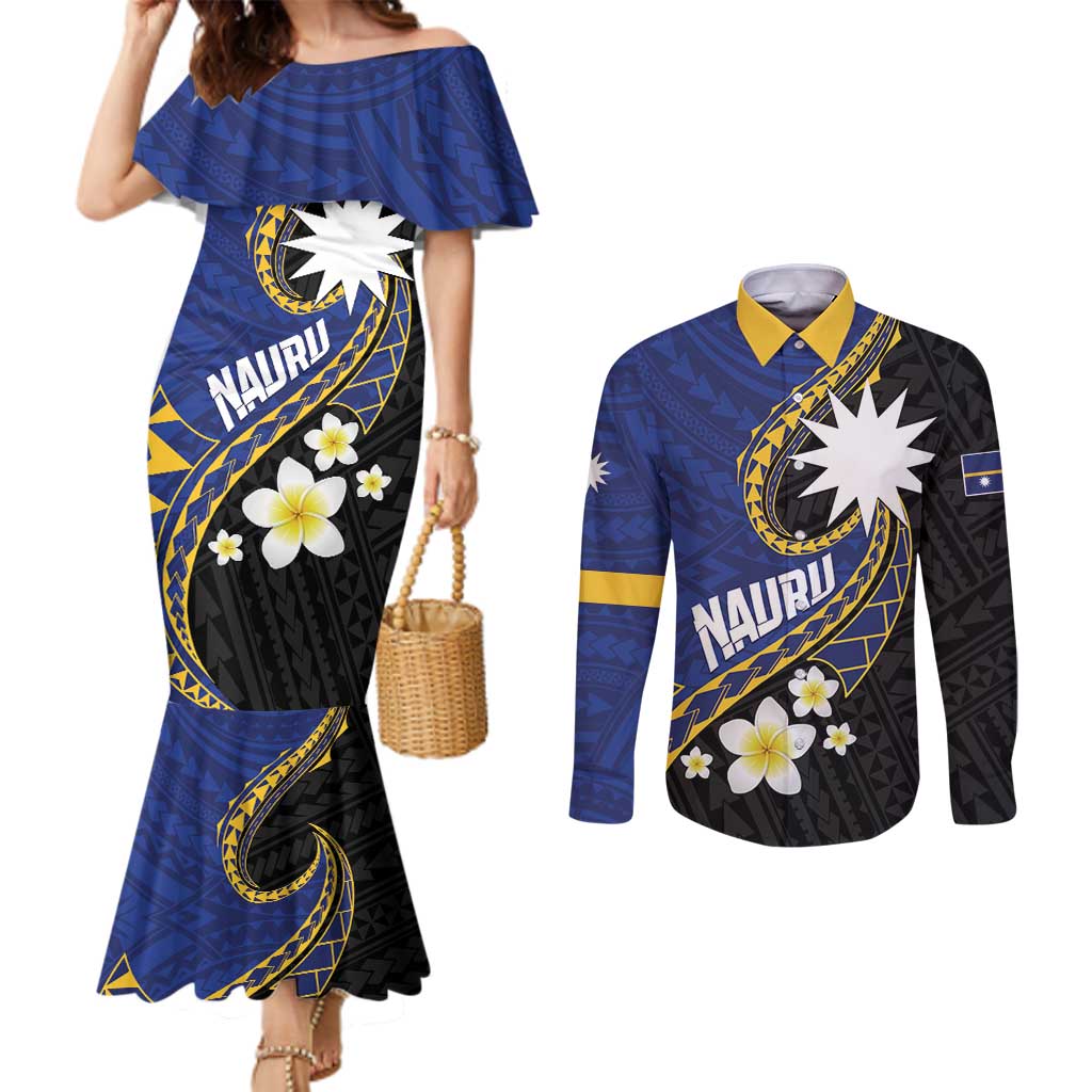 Personalised Nauru Couples Matching Mermaid Dress and Long Sleeve Button Shirt Naoero Proud Plumeria LT01 Blue - Polynesian Pride