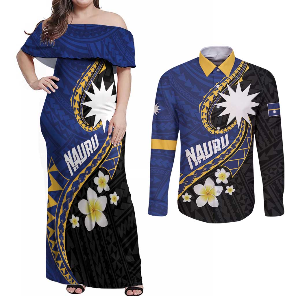 Personalised Nauru Couples Matching Off Shoulder Maxi Dress and Long Sleeve Button Shirt Naoero Proud Plumeria LT01 Blue - Polynesian Pride