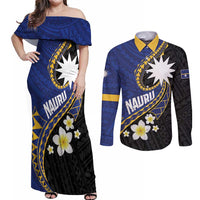 Personalised Nauru Couples Matching Off Shoulder Maxi Dress and Long Sleeve Button Shirt Naoero Proud Plumeria LT01 Blue - Polynesian Pride