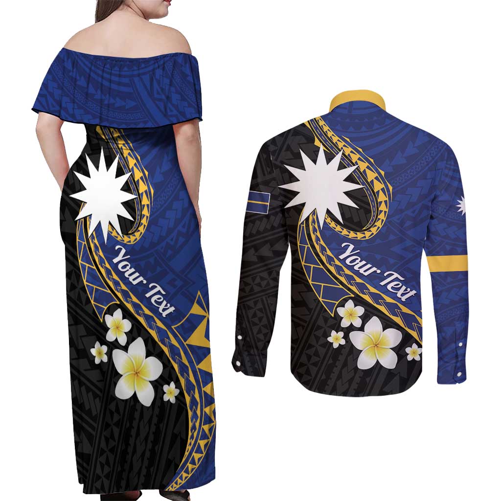 Personalised Nauru Couples Matching Off Shoulder Maxi Dress and Long Sleeve Button Shirt Naoero Proud Plumeria LT01 - Polynesian Pride