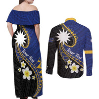 Personalised Nauru Couples Matching Off Shoulder Maxi Dress and Long Sleeve Button Shirt Naoero Proud Plumeria LT01 - Polynesian Pride