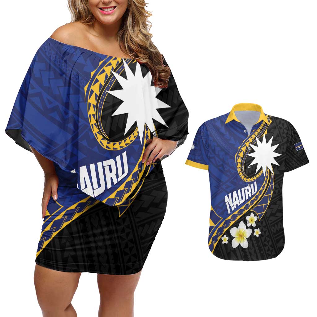Personalised Nauru Couples Matching Off Shoulder Short Dress and Hawaiian Shirt Naoero Proud Plumeria LT01 Blue - Polynesian Pride