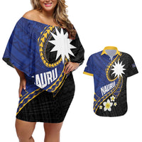 Personalised Nauru Couples Matching Off Shoulder Short Dress and Hawaiian Shirt Naoero Proud Plumeria LT01 Blue - Polynesian Pride