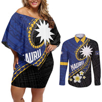 Personalised Nauru Couples Matching Off Shoulder Short Dress and Long Sleeve Button Shirt Naoero Proud Plumeria LT01 Blue - Polynesian Pride