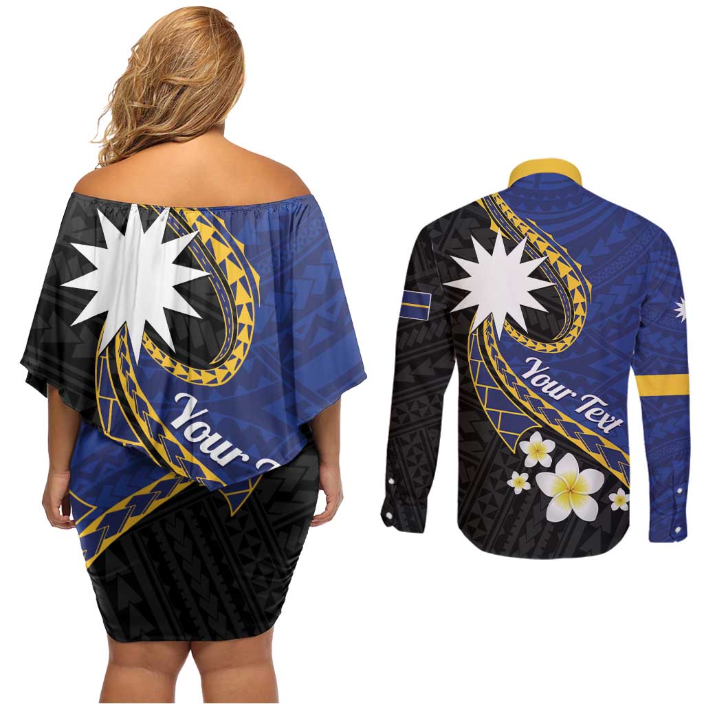 Personalised Nauru Couples Matching Off Shoulder Short Dress and Long Sleeve Button Shirt Naoero Proud Plumeria LT01 - Polynesian Pride