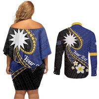 Personalised Nauru Couples Matching Off Shoulder Short Dress and Long Sleeve Button Shirt Naoero Proud Plumeria LT01 - Polynesian Pride