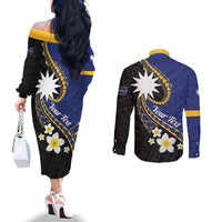 Personalised Nauru Couples Matching Off The Shoulder Long Sleeve Dress and Long Sleeve Button Shirt Naoero Proud Plumeria LT01 - Polynesian Pride