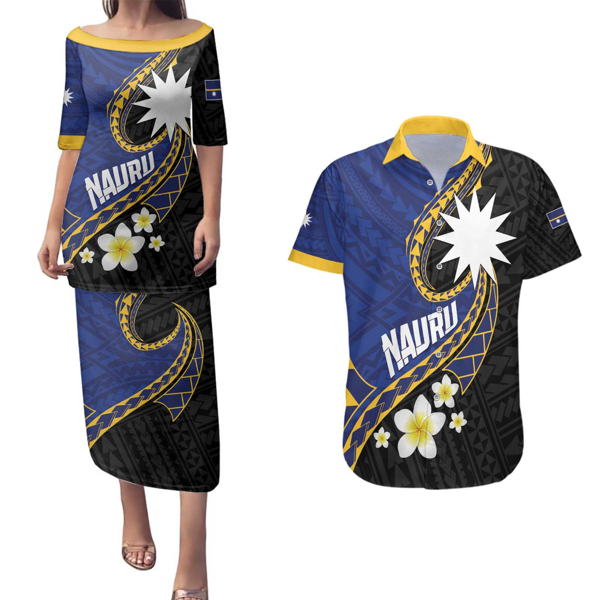 Personalised Nauru Couples Matching Puletasi and Hawaiian Shirt Naoero Proud Plumeria LT01 Blue - Polynesian Pride