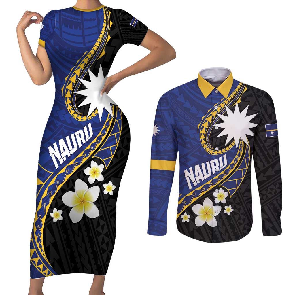Personalised Nauru Couples Matching Short Sleeve Bodycon Dress and Long Sleeve Button Shirt Naoero Proud Plumeria LT01 Blue - Polynesian Pride