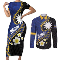 Personalised Nauru Couples Matching Short Sleeve Bodycon Dress and Long Sleeve Button Shirt Naoero Proud Plumeria LT01 Blue - Polynesian Pride