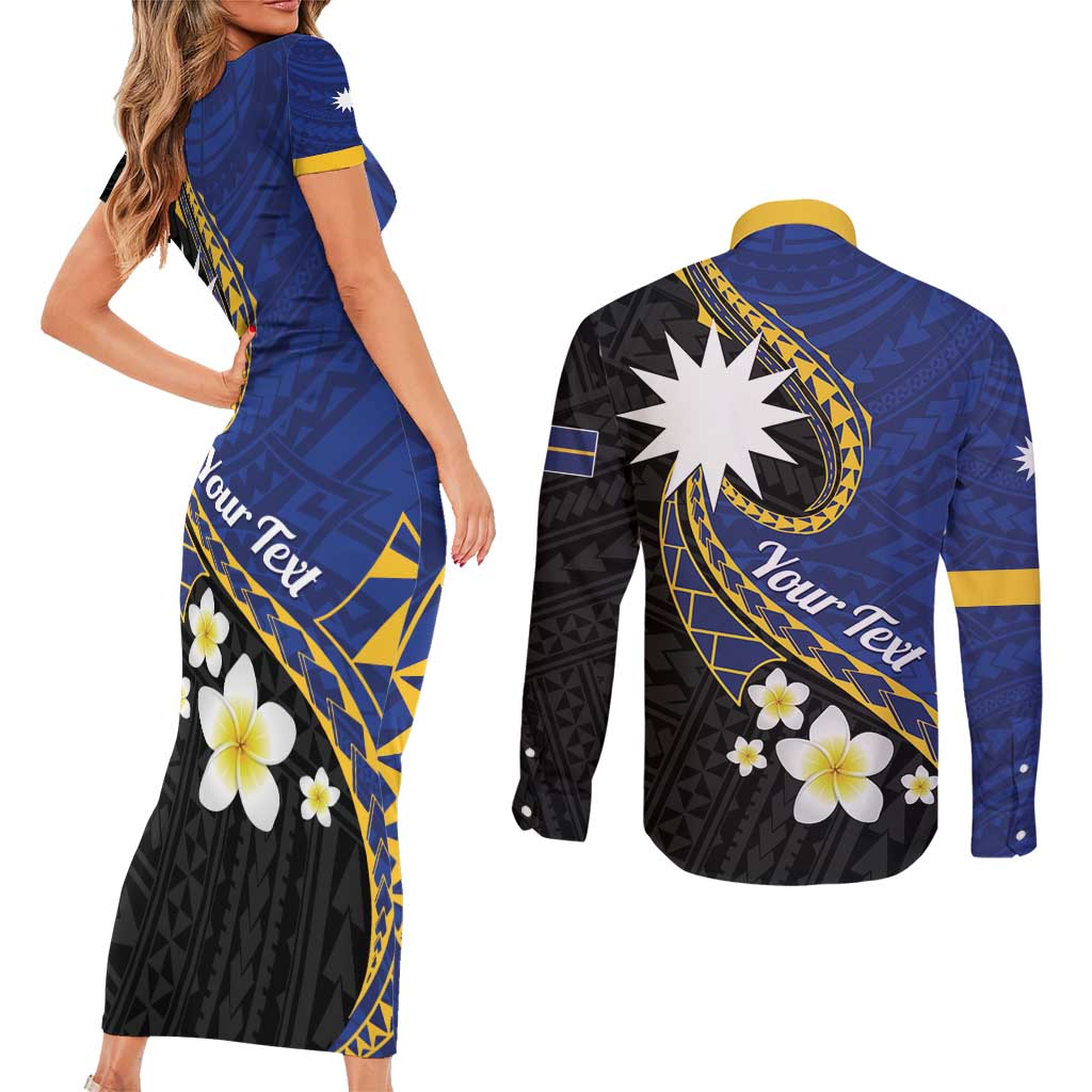 Personalised Nauru Couples Matching Short Sleeve Bodycon Dress and Long Sleeve Button Shirt Naoero Proud Plumeria LT01 - Polynesian Pride