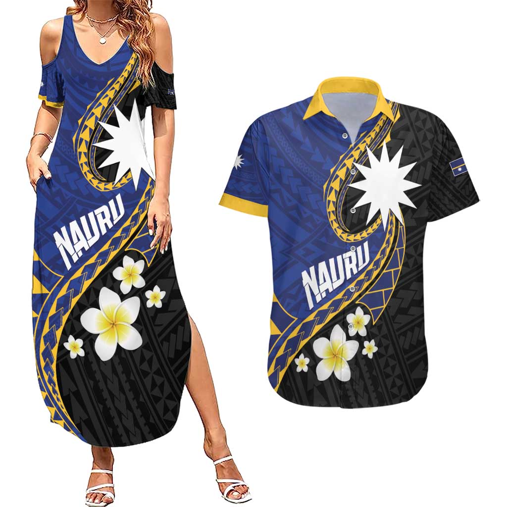 Personalised Nauru Couples Matching Summer Maxi Dress and Hawaiian Shirt Naoero Proud Plumeria LT01 Blue - Polynesian Pride