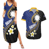 Personalised Nauru Couples Matching Summer Maxi Dress and Hawaiian Shirt Naoero Proud Plumeria LT01 Blue - Polynesian Pride
