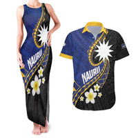 Personalised Nauru Couples Matching Tank Maxi Dress and Hawaiian Shirt Naoero Proud Plumeria LT01 Blue - Polynesian Pride