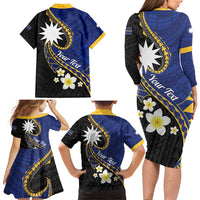 Personalised Nauru Family Matching Long Sleeve Bodycon Dress and Hawaiian Shirt Naoero Proud Plumeria LT01 - Polynesian Pride