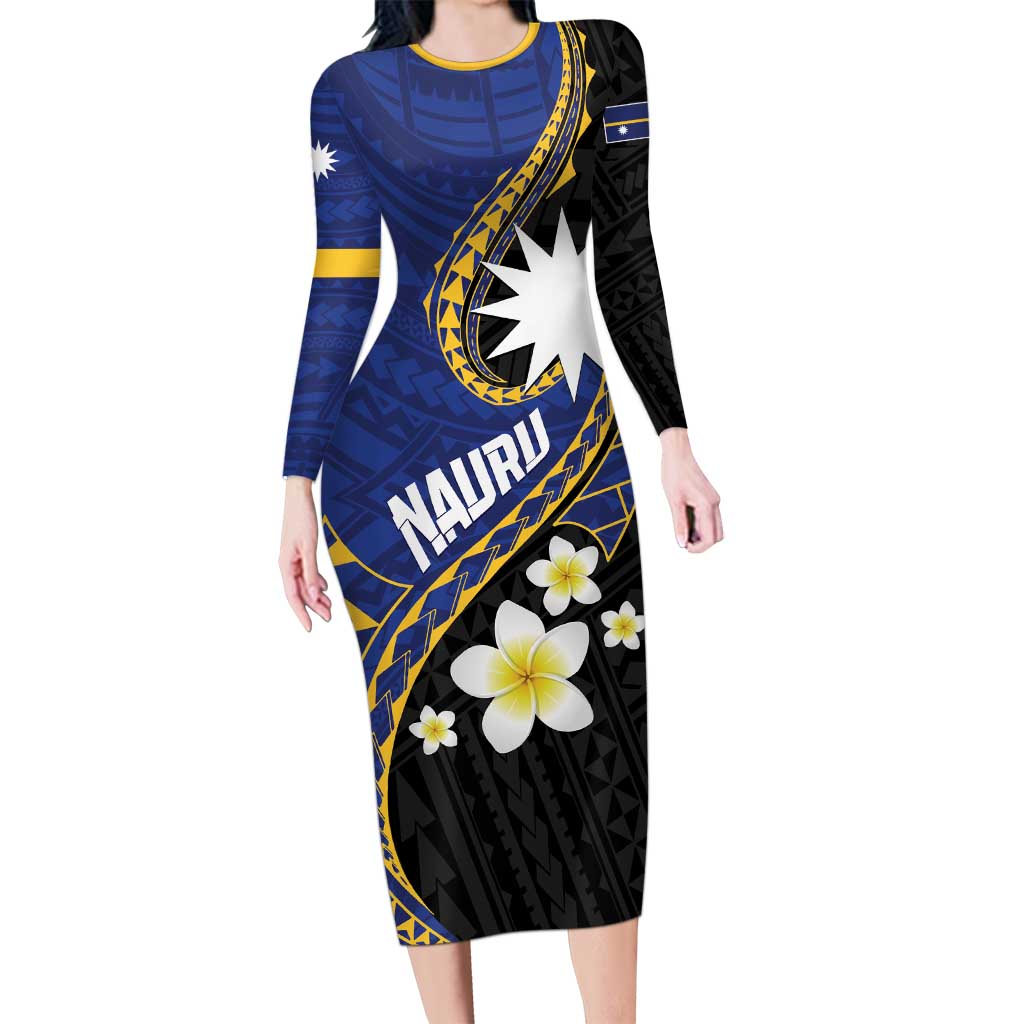 Personalised Nauru Family Matching Long Sleeve Bodycon Dress and Hawaiian Shirt Naoero Proud Plumeria LT01 Mom's Dress Blue - Polynesian Pride