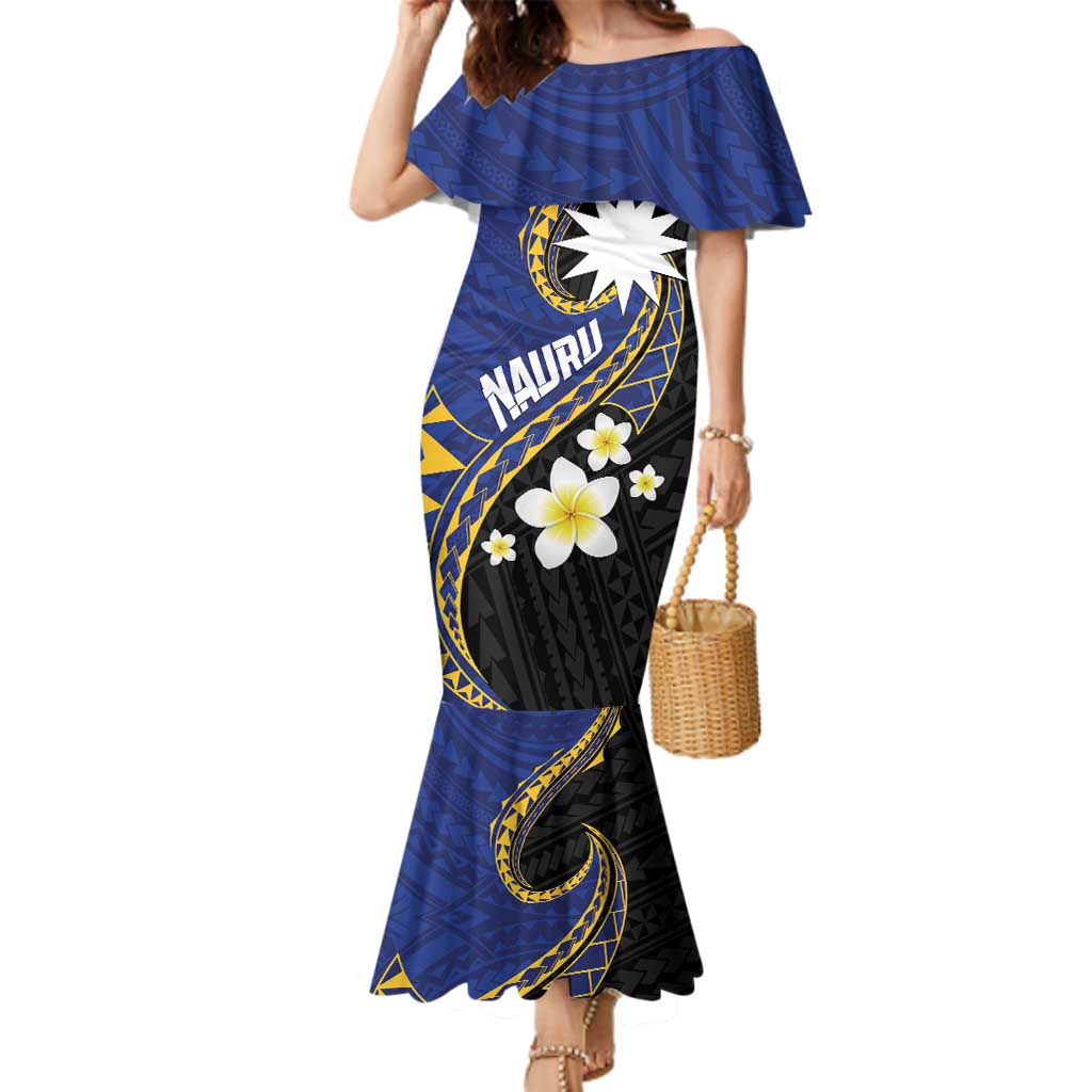 Personalised Nauru Family Matching Mermaid Dress and Hawaiian Shirt Naoero Proud Plumeria LT01 Mom's Dress Blue - Polynesian Pride
