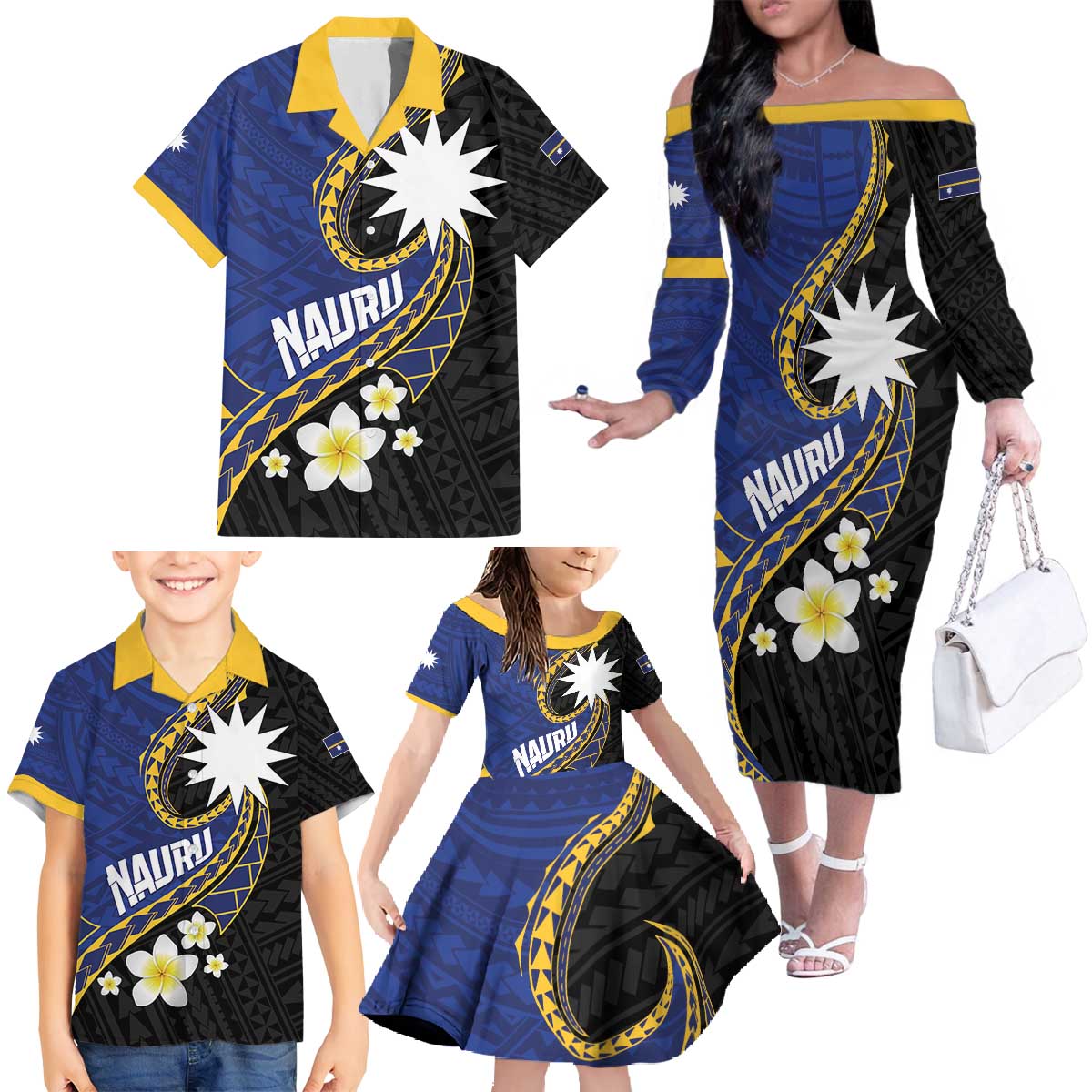 Personalised Nauru Family Matching Off The Shoulder Long Sleeve Dress and Hawaiian Shirt Naoero Proud Plumeria LT01 - Polynesian Pride