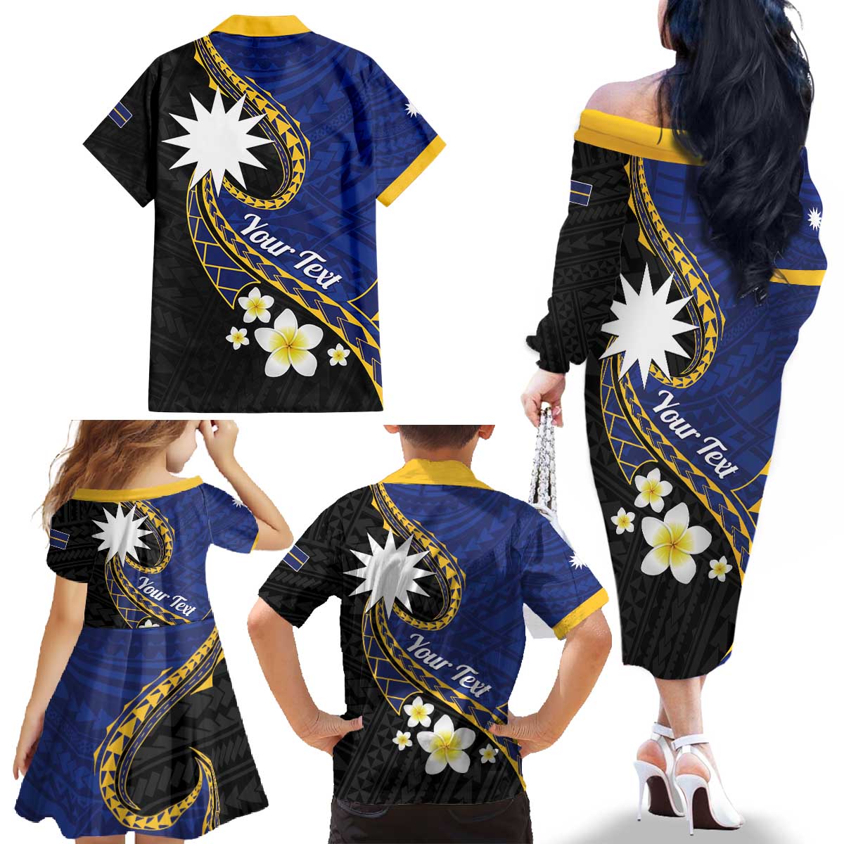Personalised Nauru Family Matching Off The Shoulder Long Sleeve Dress and Hawaiian Shirt Naoero Proud Plumeria LT01 - Polynesian Pride