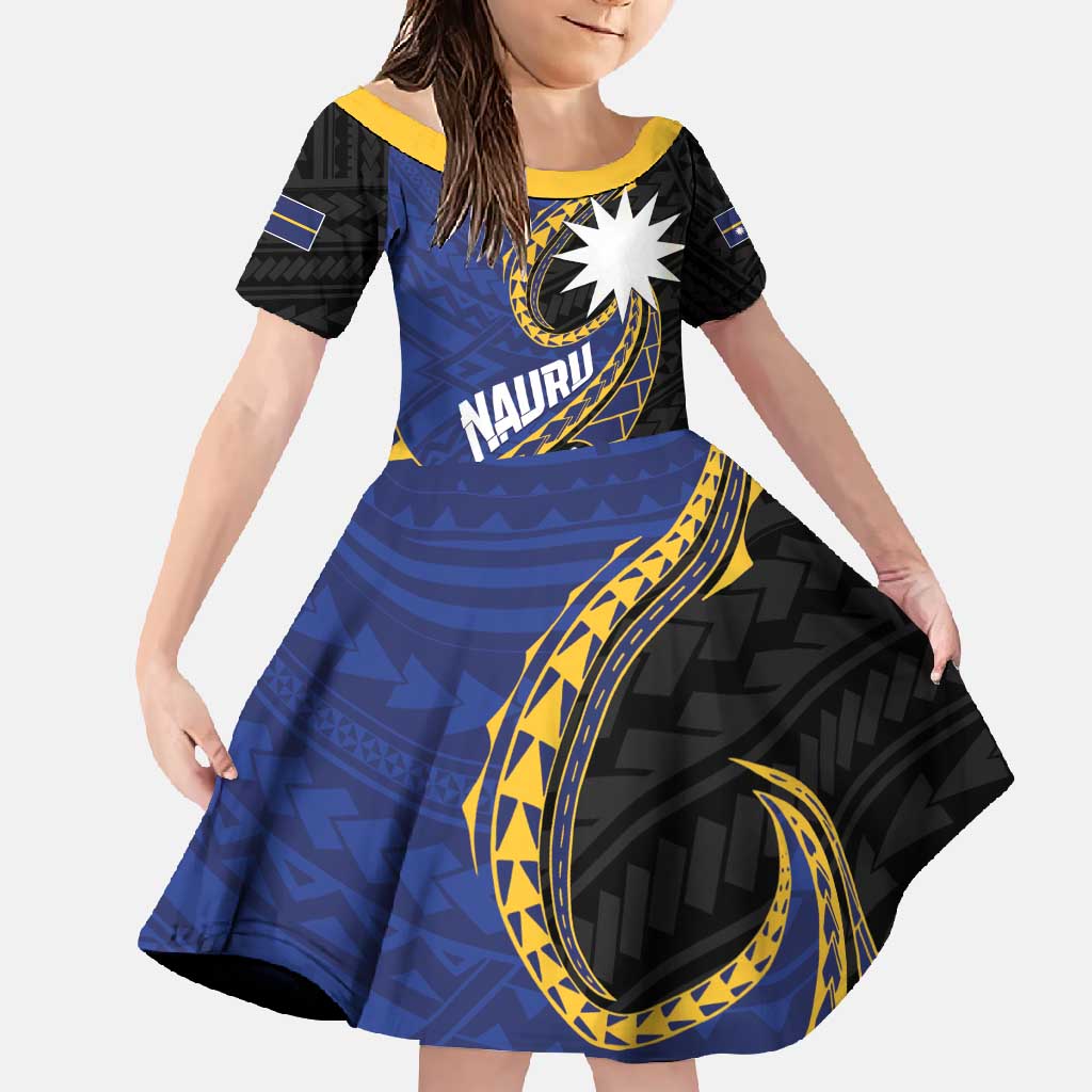 Personalised Nauru Family Matching Off Shoulder Maxi Dress and Hawaiian Shirt Naoero Proud Plumeria LT01 Daughter's Dress Blue - Polynesian Pride