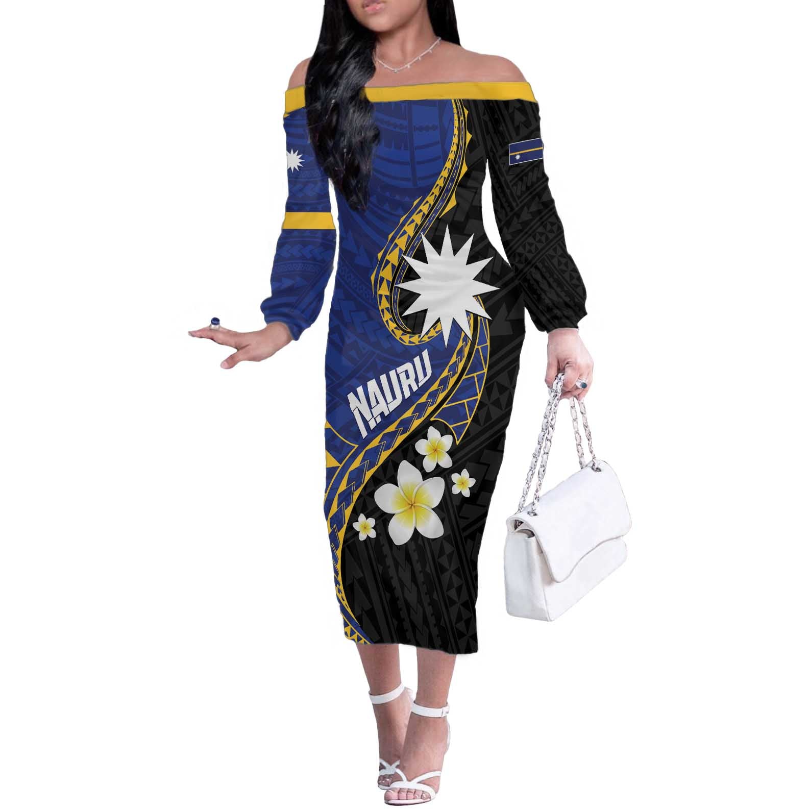 Personalised Nauru Off The Shoulder Long Sleeve Dress Naoero Proud Plumeria