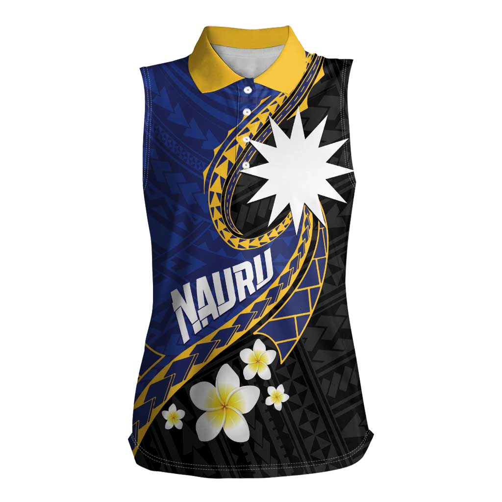 Personalised Nauru Women Sleeveless Polo Shirt Naoero Proud Plumeria LT01 Female Blue - Polynesian Pride