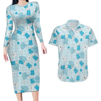 Hawaii Anthurium Tiare Pikake Lei Couples Matching Long Sleeve Bodycon Dress and Hawaiian Shirt UliUli Lauhala Art Pattern LT01 Blue - Polynesian Pride
