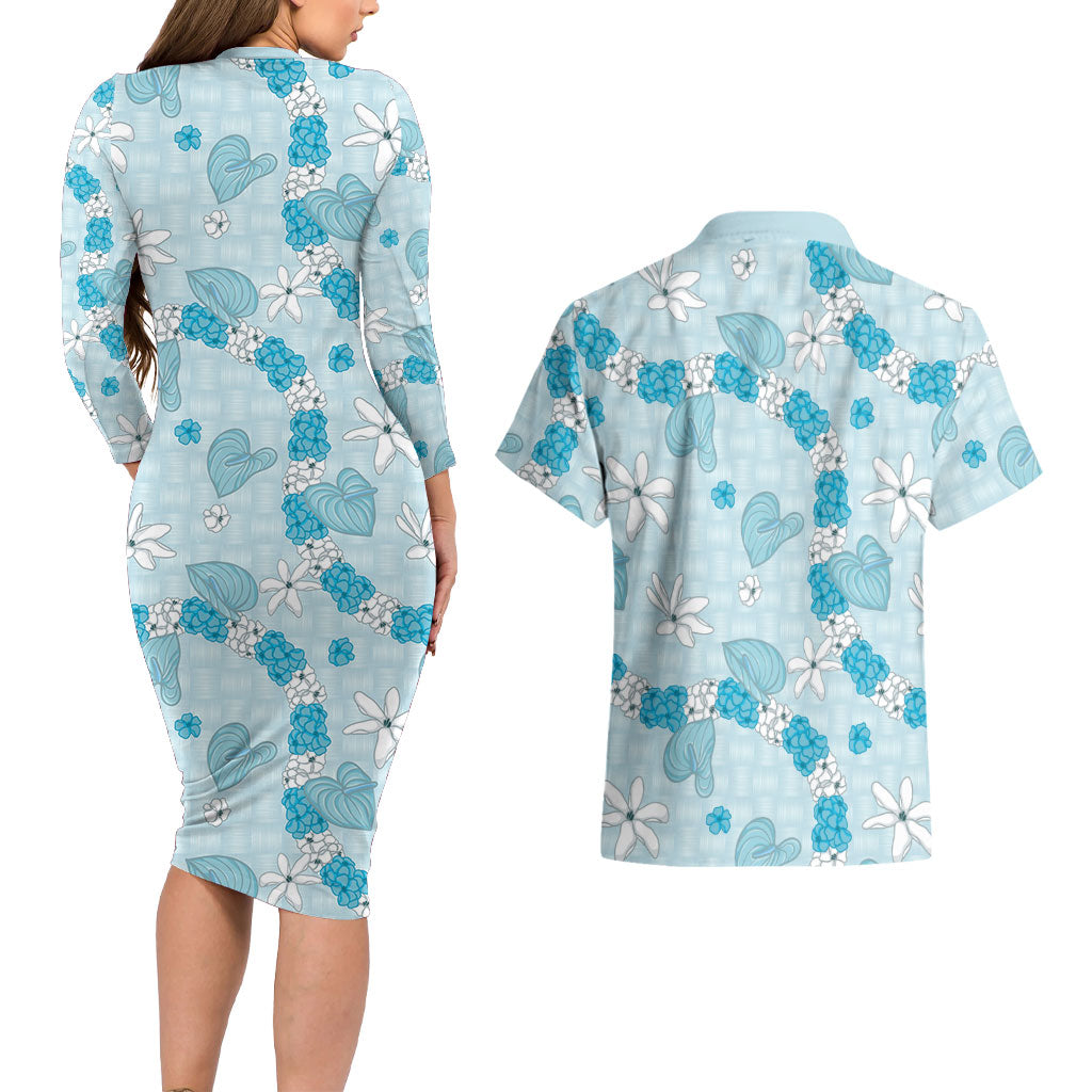 Hawaii Anthurium Tiare Pikake Lei Couples Matching Long Sleeve Bodycon Dress and Hawaiian Shirt UliUli Lauhala Art Pattern LT01 - Polynesian Pride