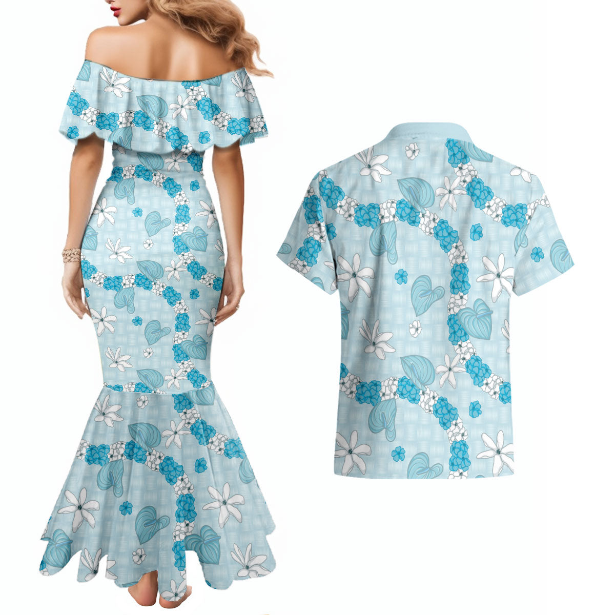Hawaii Anthurium Tiare Pikake Lei Couples Matching Mermaid Dress and Hawaiian Shirt UliUli Lauhala Art Pattern
