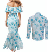 Hawaii Anthurium Tiare Pikake Lei Couples Matching Mermaid Dress and Long Sleeve Button Shirt UliUli Lauhala Art Pattern