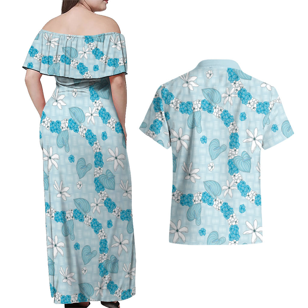Hawaii Anthurium Tiare Pikake Lei Couples Matching Off Shoulder Maxi Dress and Hawaiian Shirt UliUli Lauhala Art Pattern
