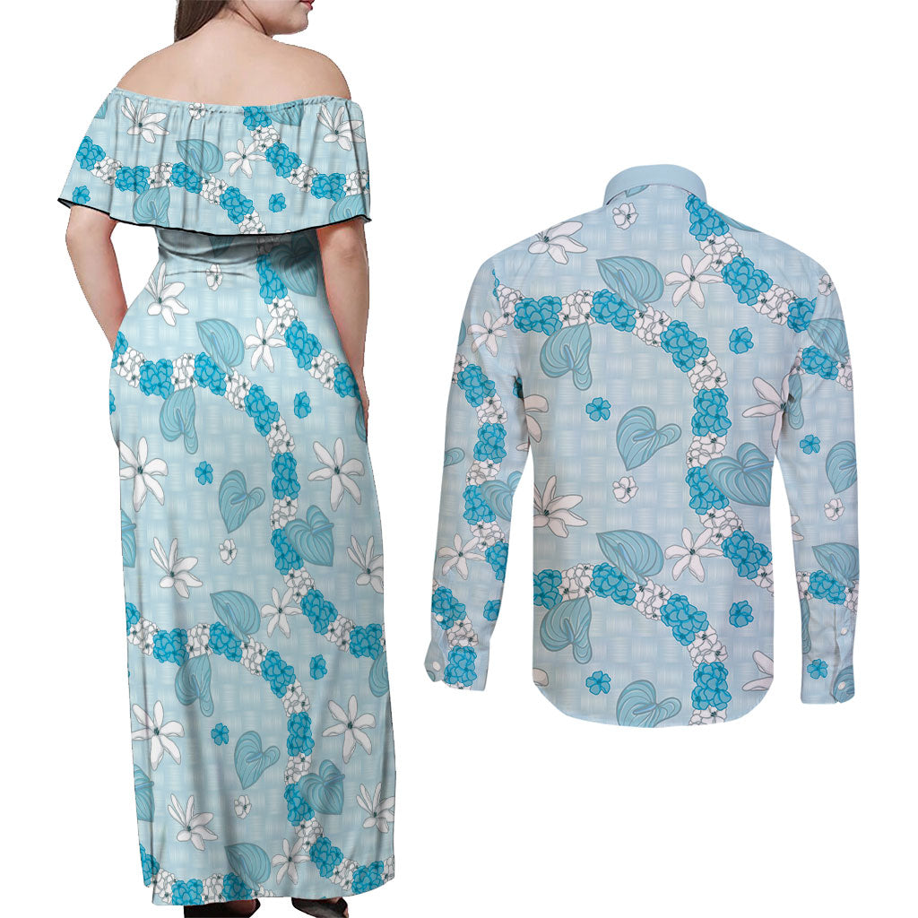Hawaii Anthurium Tiare Pikake Lei Couples Matching Off Shoulder Maxi Dress and Long Sleeve Button Shirt UliUli Lauhala Art Pattern