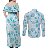Hawaii Anthurium Tiare Pikake Lei Couples Matching Off Shoulder Maxi Dress and Long Sleeve Button Shirt UliUli Lauhala Art Pattern