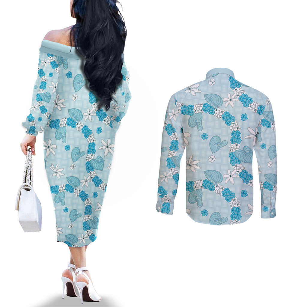 Hawaii Anthurium Tiare Pikake Lei Couples Matching Off The Shoulder Long Sleeve Dress and Long Sleeve Button Shirt UliUli Lauhala Art Pattern