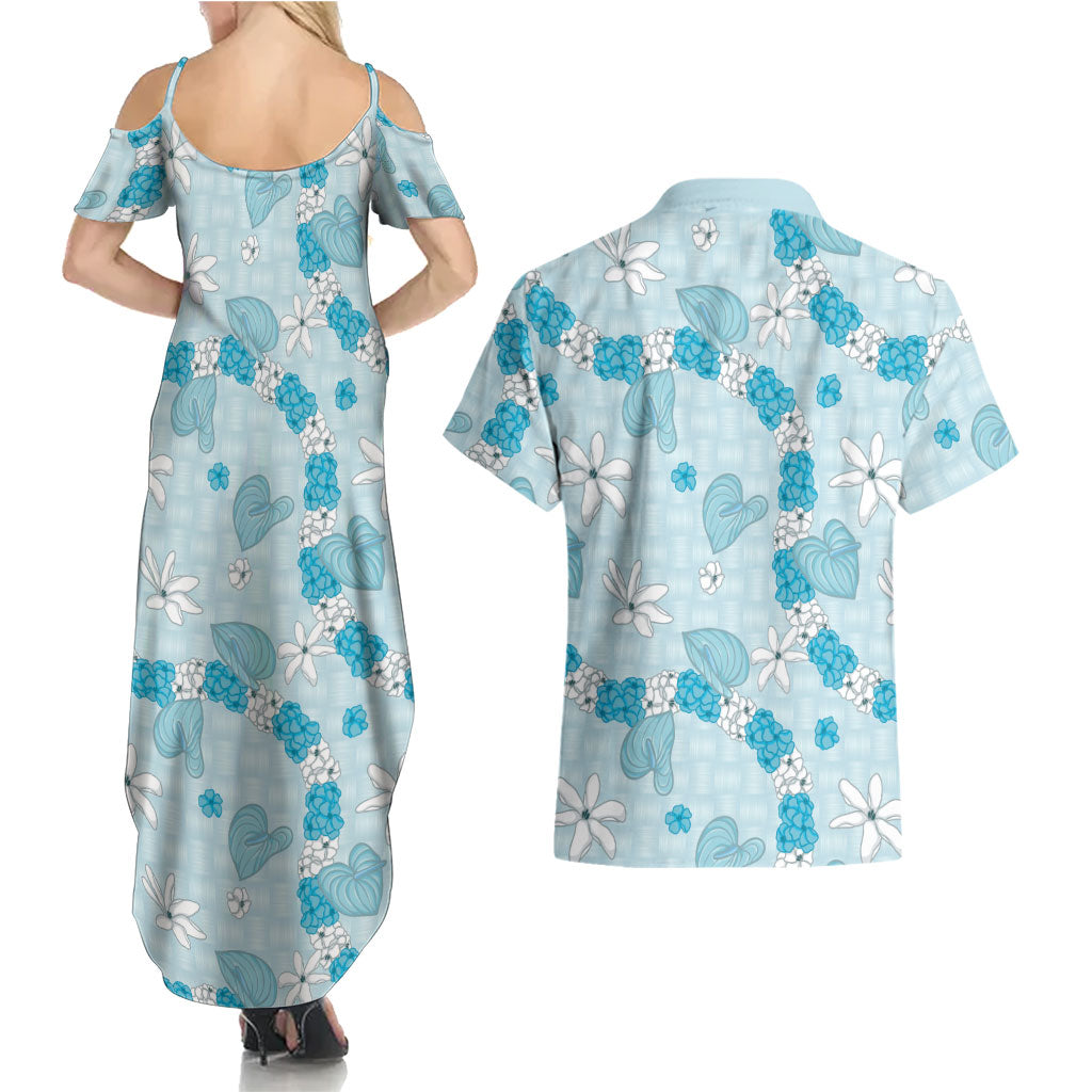 Hawaii Anthurium Tiare Pikake Lei Couples Matching Summer Maxi Dress and Hawaiian Shirt UliUli Lauhala Art Pattern