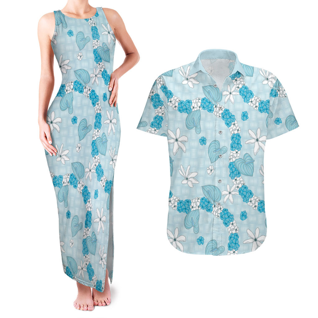 Hawaii Anthurium Tiare Pikake Lei Couples Matching Tank Maxi Dress and Hawaiian Shirt UliUli Lauhala Art Pattern