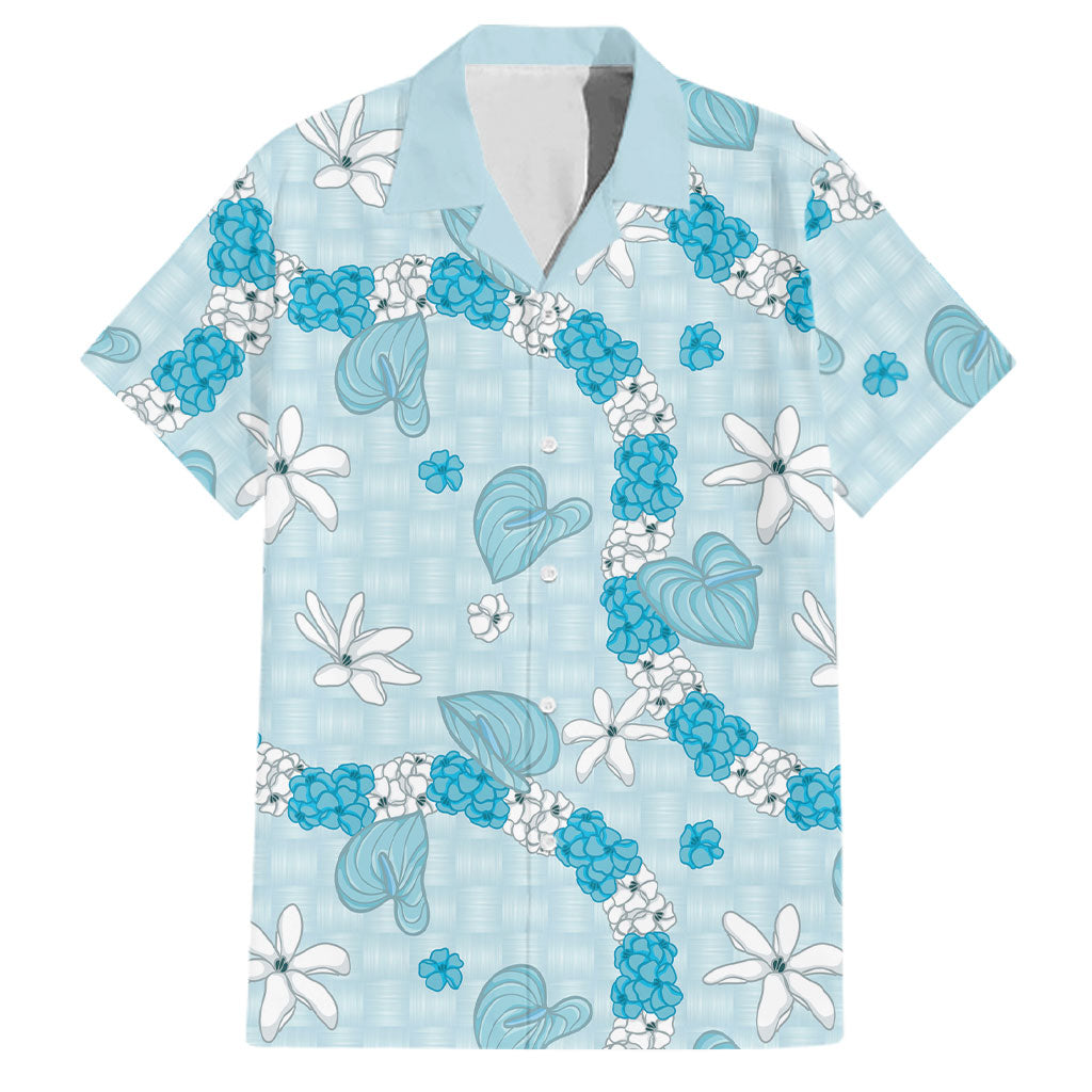 Hawaii Anthurium Tiare Pikake Lei Family Matching Off Shoulder Maxi Dress and Hawaiian Shirt UliUli Lauhala Art Pattern LT01 Dad's Shirt - Short Sleeve Blue - Polynesian Pride