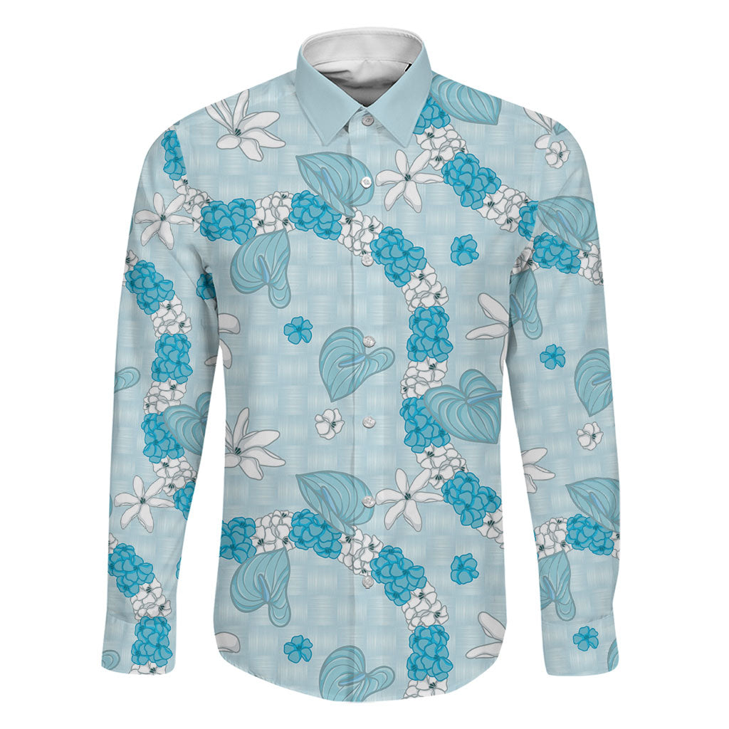 Hawaii Anthurium Tiare Pikake Lei Family Matching Off Shoulder Maxi Dress and Hawaiian Shirt UliUli Lauhala Art Pattern LT01 Dad's Shirt - Long Sleeve Blue - Polynesian Pride