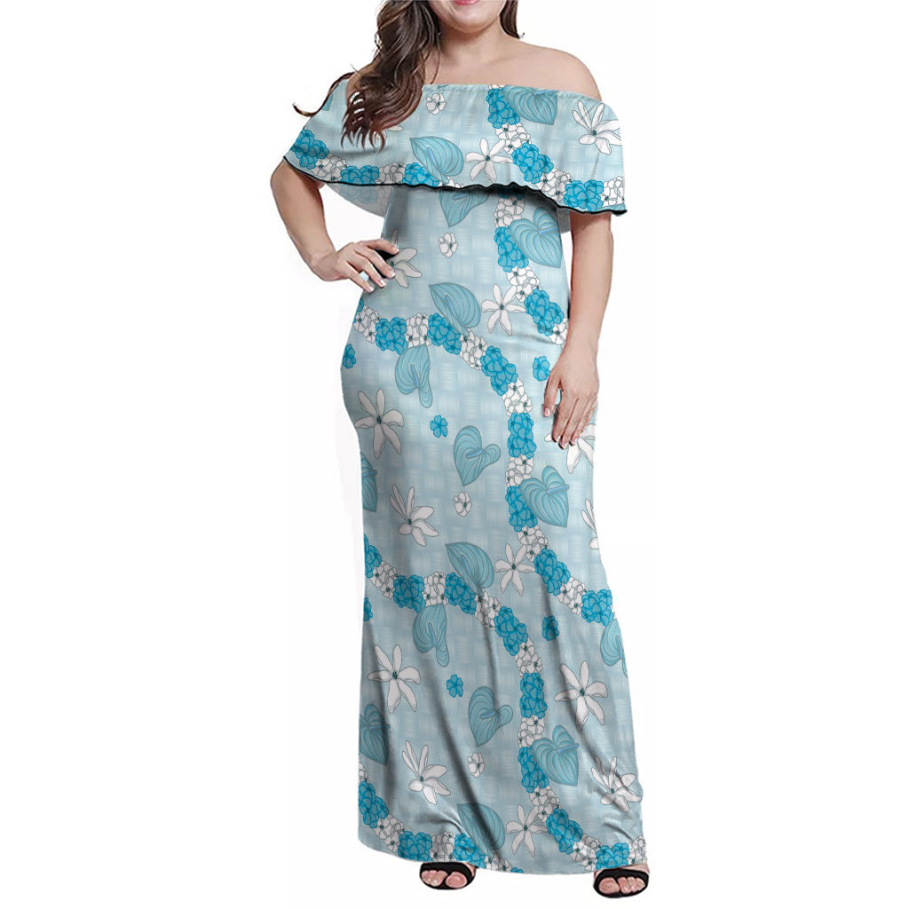 Hawaii Anthurium Tiare Pikake Lei Family Matching Off Shoulder Maxi Dress and Hawaiian Shirt UliUli Lauhala Art Pattern LT01 Mom's Dress Blue - Polynesian Pride