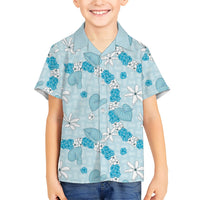 Hawaii Anthurium Tiare Pikake Lei Family Matching Off Shoulder Maxi Dress and Hawaiian Shirt UliUli Lauhala Art Pattern LT01 Son's Shirt Blue - Polynesian Pride