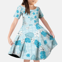 Hawaii Anthurium Tiare Pikake Lei Family Matching Short Sleeve Bodycon Dress and Hawaiian Shirt UliUli Lauhala Art Pattern LT01 Daughter's Dress Blue - Polynesian Pride