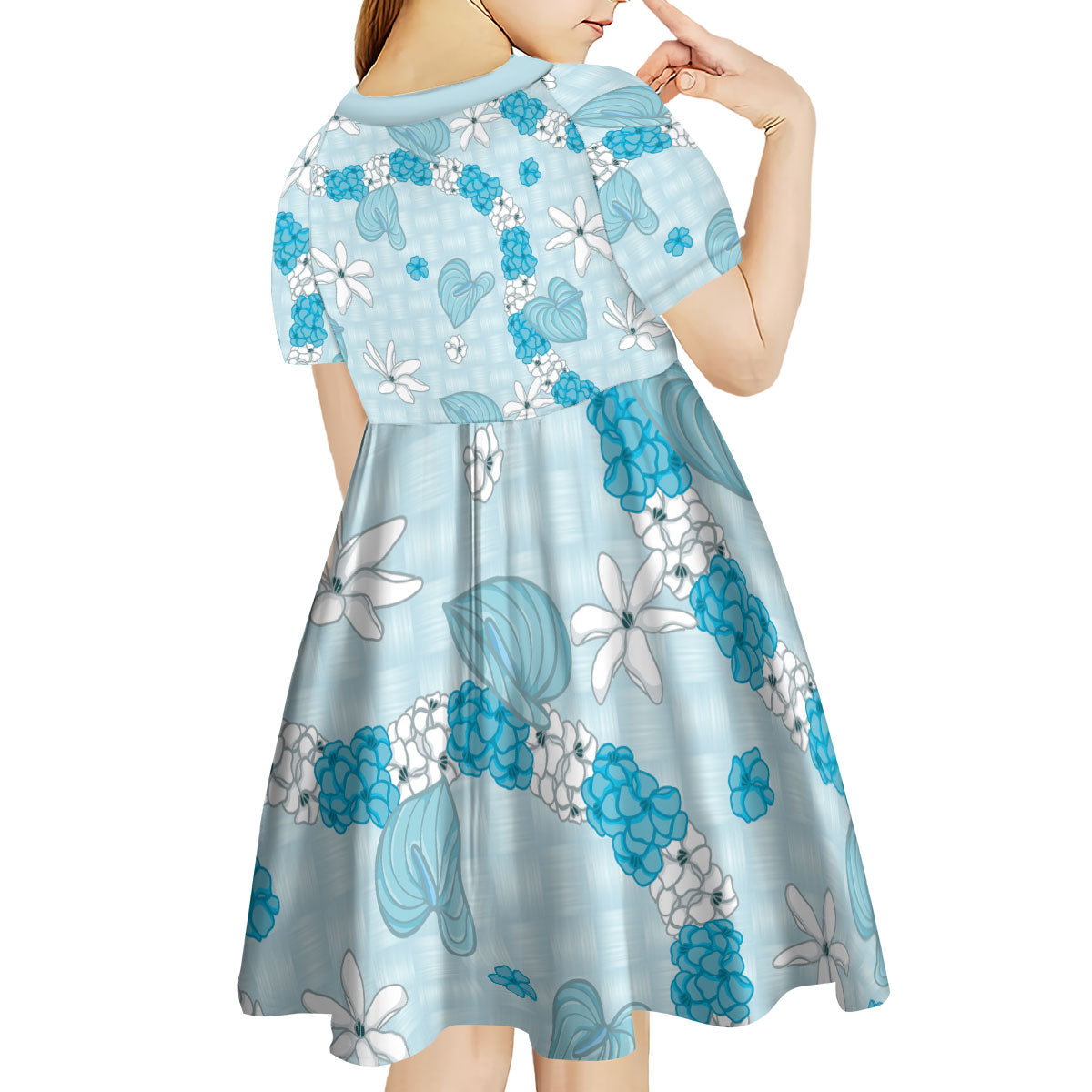 Hawaii Anthurium Tiare Pikake Lei Kid Short Sleeve Dress UliUli Lauhala Art Pattern
