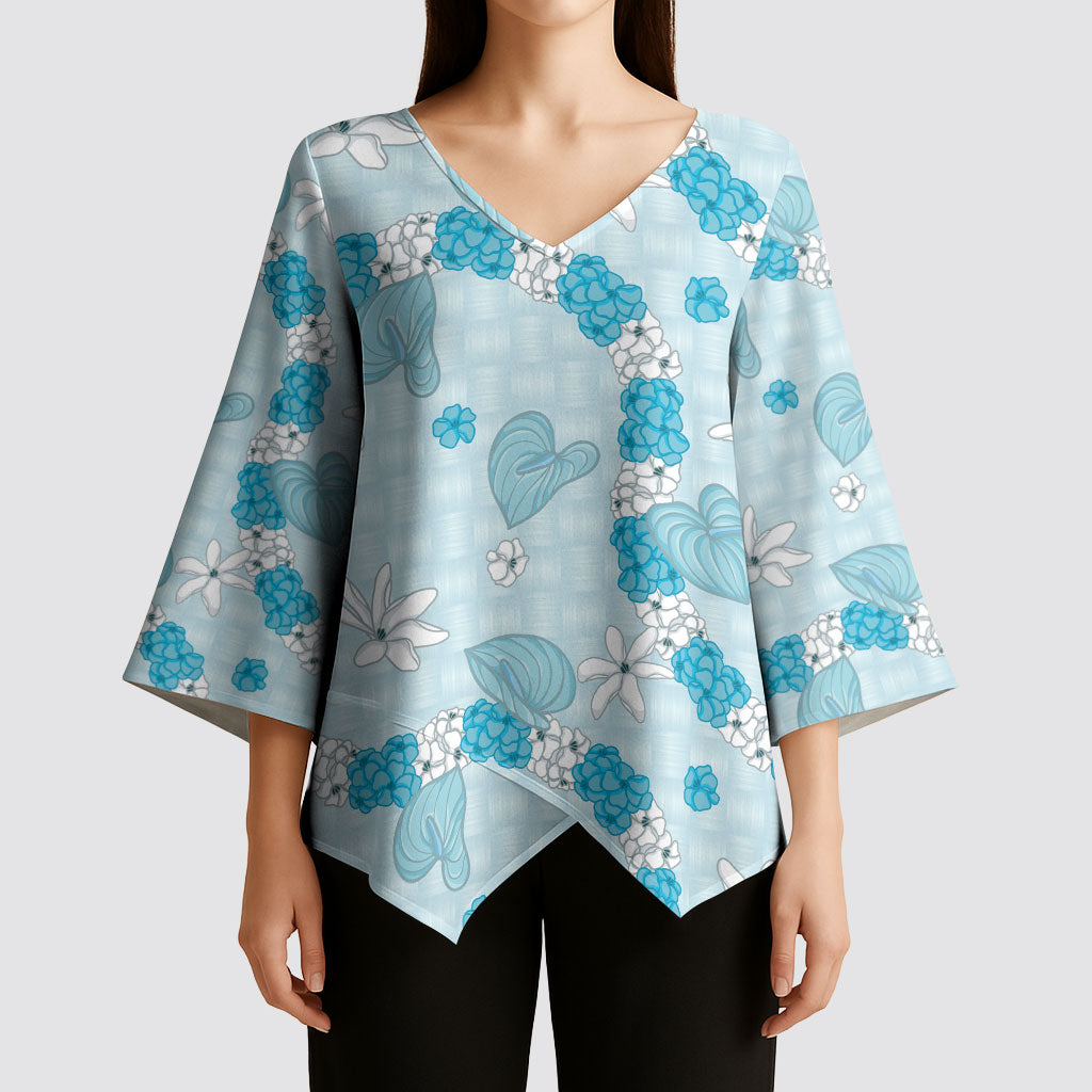 Hawaii Anthurium Tiare Pikake Lei Kimono Sleeve Blouse UliUli Lauhala Art Pattern