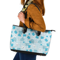 Hawaii Anthurium Tiare Pikake Lei Leather Tote Bag UliUli Lauhala Art Pattern LT01 Blue - Polynesian Pride