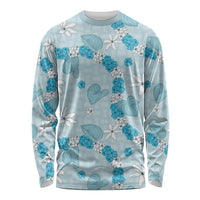Hawaii Anthurium Tiare Pikake Lei Long Sleeve Shirt UliUli Lauhala Art Pattern LT01 Unisex Blue - Polynesian Pride