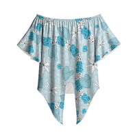 Hawaii Anthurium Tiare Pikake Lei Off Shoulder Wrap Waist Top UliUli Lauhala Art Pattern LT01 Blue - Polynesian Pride
