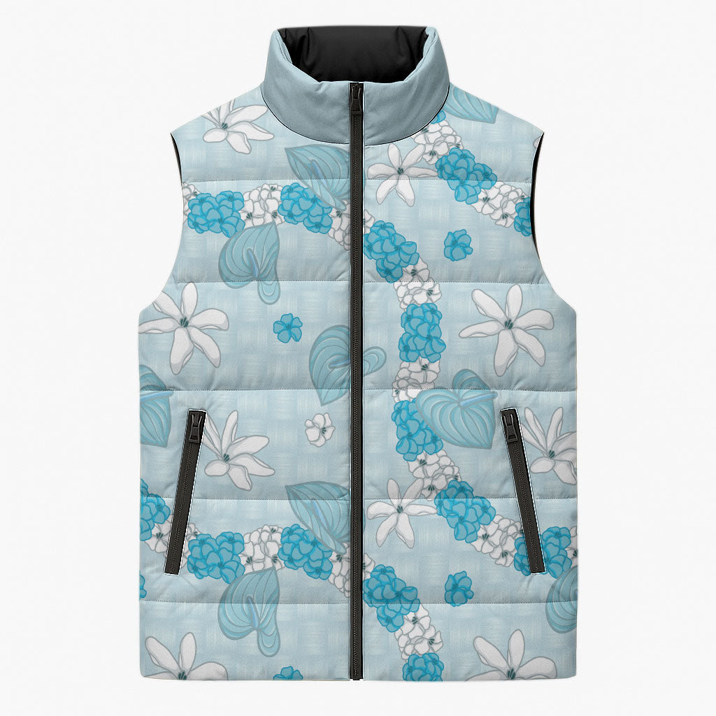 Hawaii Anthurium Tiare Pikake Lei Sleeveless Puffer Jacket UliUli Lauhala Art Pattern